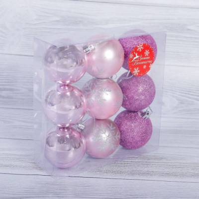 Набор шаров пластик Снежинка d-6 см 9 шт розовый